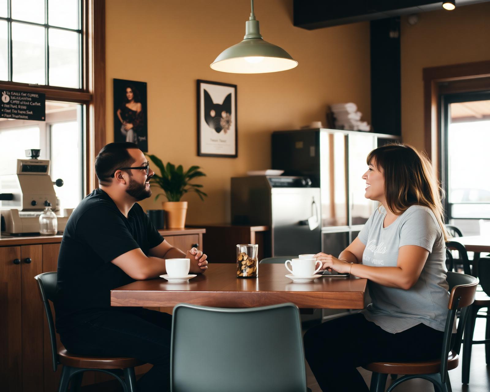 Two Kansas City small business owners chatting warmly over coffee in a sunlit local café